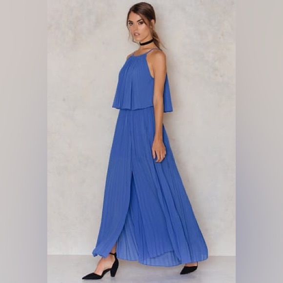 Women's Line & Dot Long Amelie Pleat Chiffon Dress Formal Maxi Azure Blue Small - Picture 2 of 15